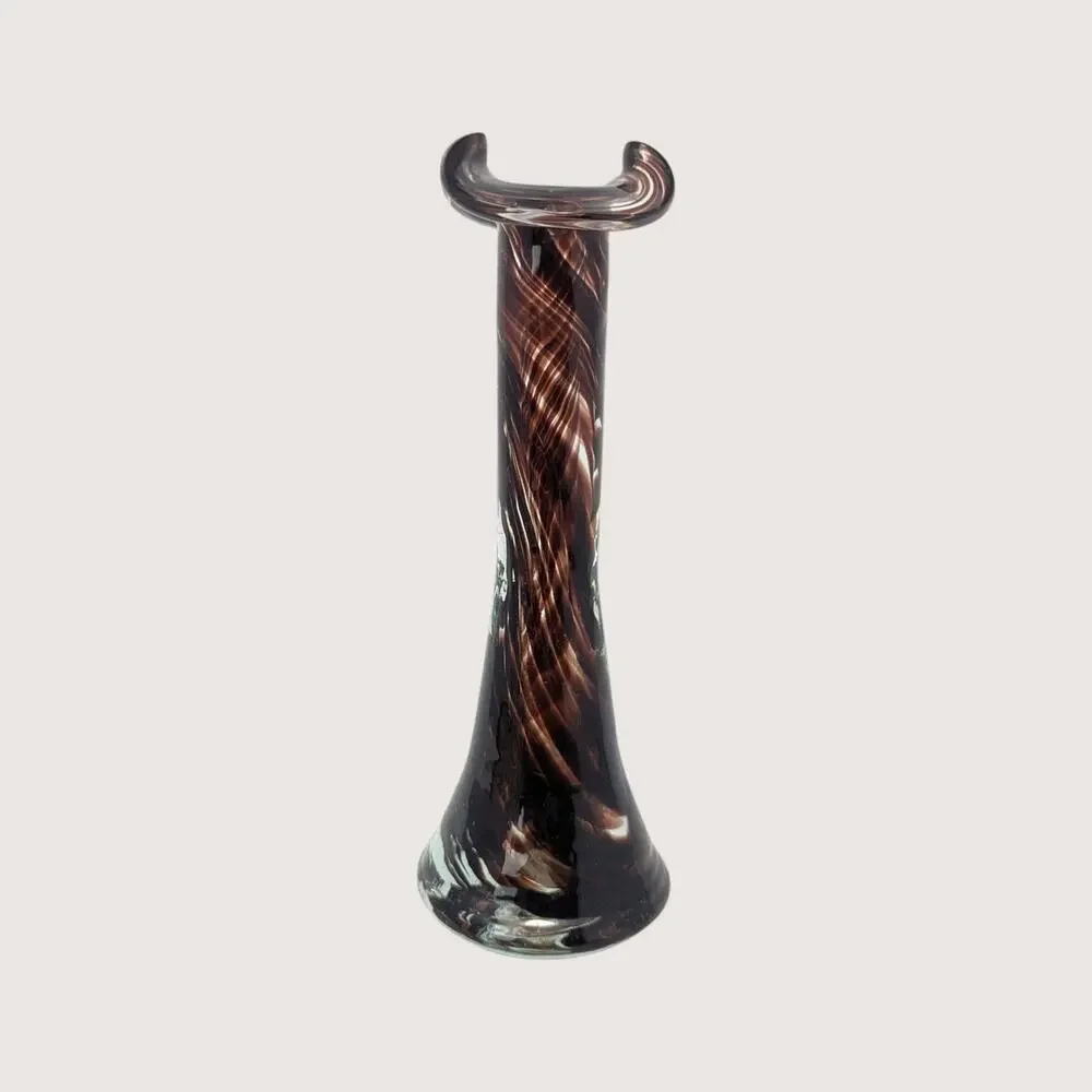 1970s Murano Style Brown Swirl Art Glass Bud Vase with Bicorn Rim